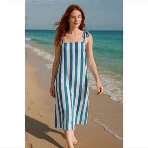 Olivia James The Label Striped Linen Dress Tie Shoulder Size XS Blue White